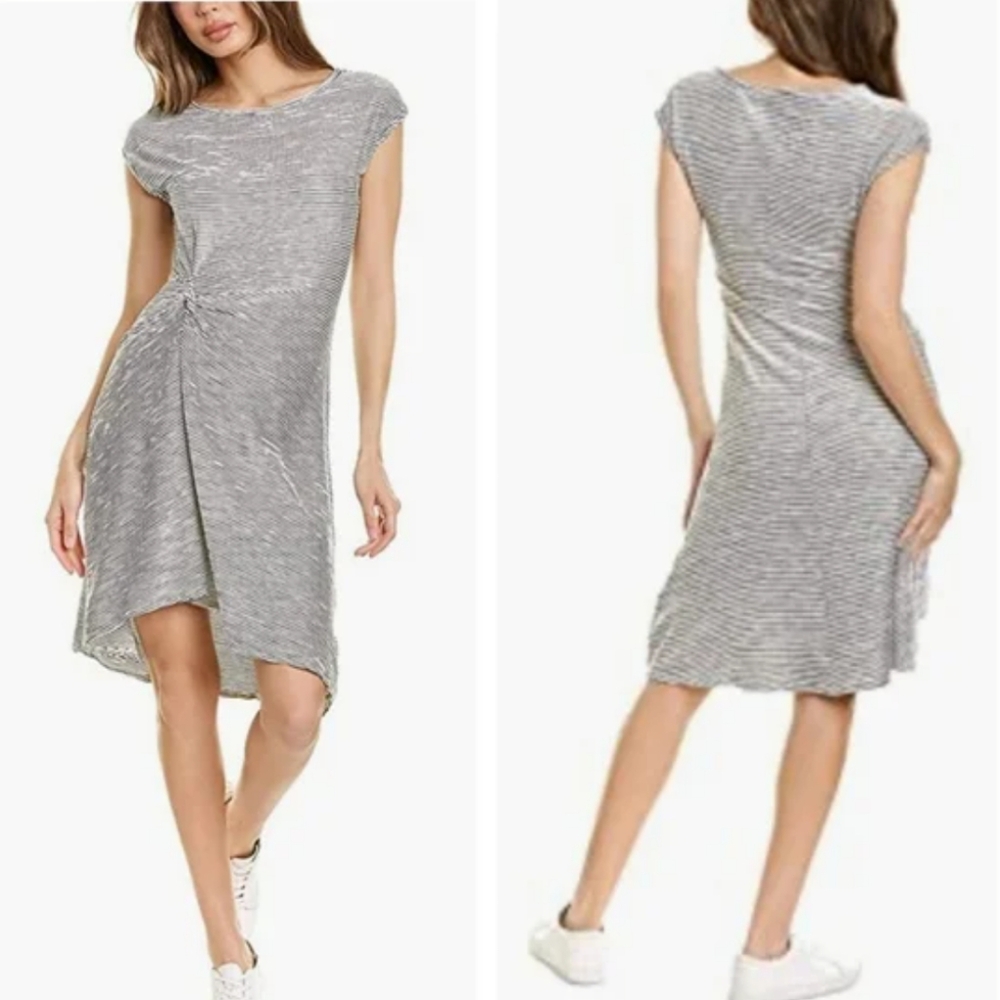 Max Studio white and black striped dress with short sleeves and draped front siz